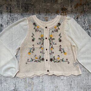 Floral Embroidered  Crochet Knitted Lantern Sleeve  Cardigan